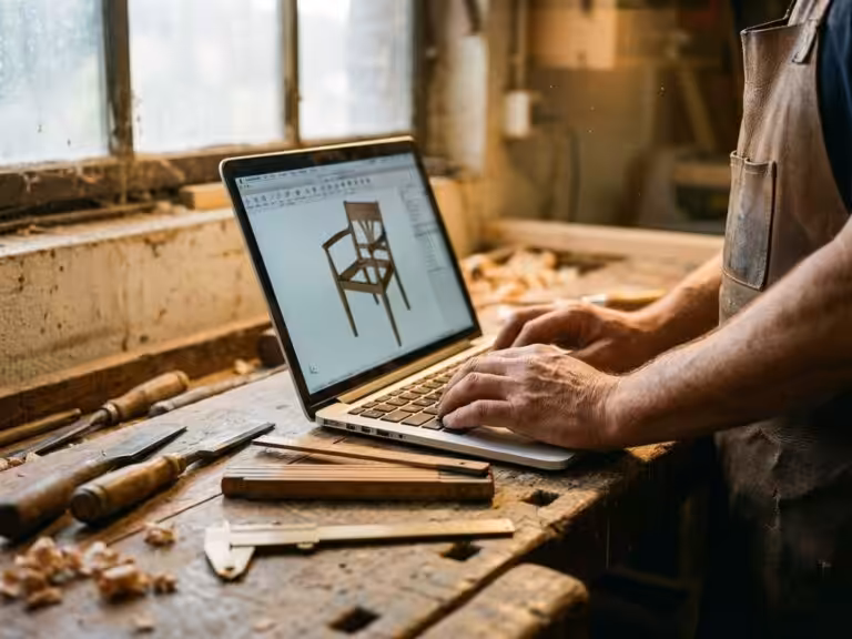 Woodworker using laptop with 3D furniture design software, traditional chisels and measuring tools on workbench in workshop