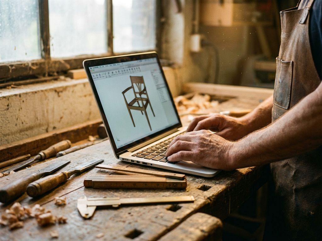 Woodworker using laptop with 3D furniture design software, traditional chisels and measuring tools on workbench in workshop