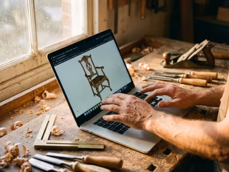 Woodworker using laptop displaying 3D furniture models with traditional chisels and tools on workbench in workshop