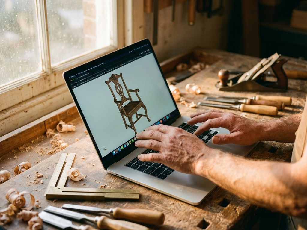 Woodworker using laptop displaying 3D furniture models with traditional chisels and tools on workbench in workshop