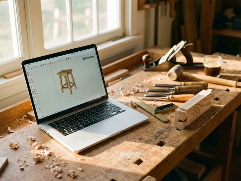 Laptop met 3D houtbewerkingssoftware op houten werkbank omringd door traditionele gereedschappen en houtkrullen