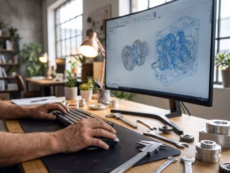 Engineer using precision mouse to design 3D CAD mechanical part on monitor in modern workspace with natural lighting.