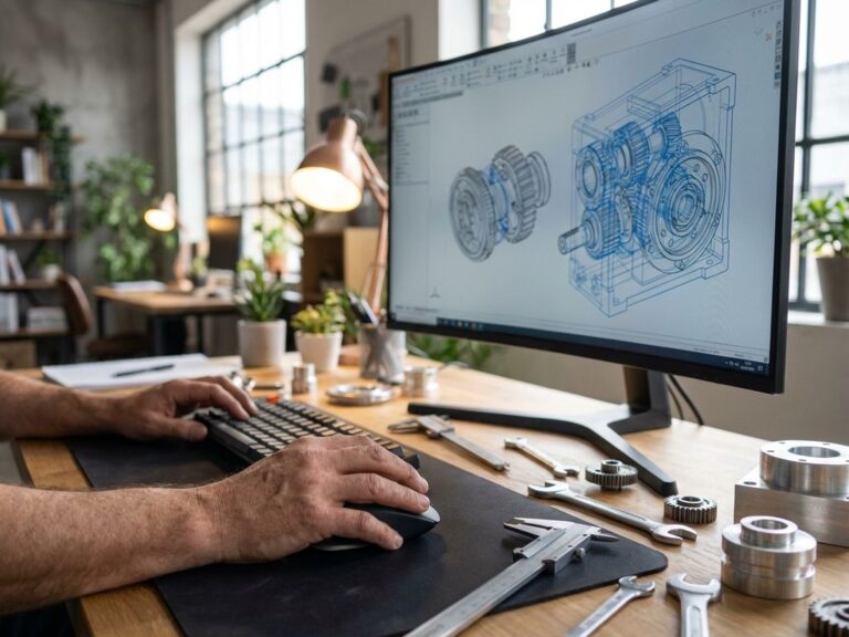Ingeniero utilizando un ratón de precisión para diseñar una pieza Mechanical 3D CAD en un monitor en un espacio de trabajo moderno con iluminación natural.