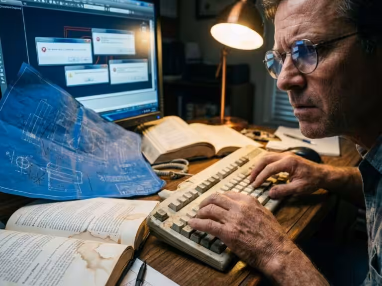 Frustrated engineer at computer with CAD software error messages reflected in glasses, crumpled drawings and manuals nearby