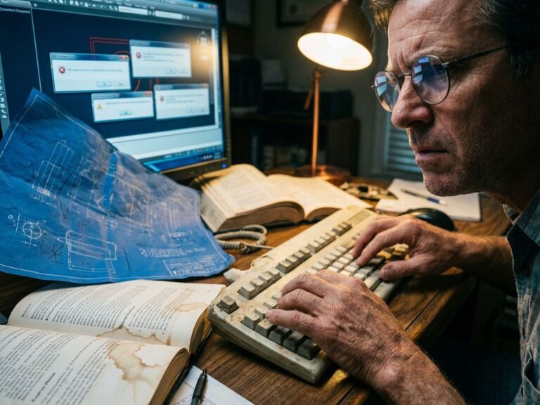Ingeniero frustrado ante el ordenador con mensajes de error de software CAD reflejados en gafas, dibujos arrugados y manuales cerca.