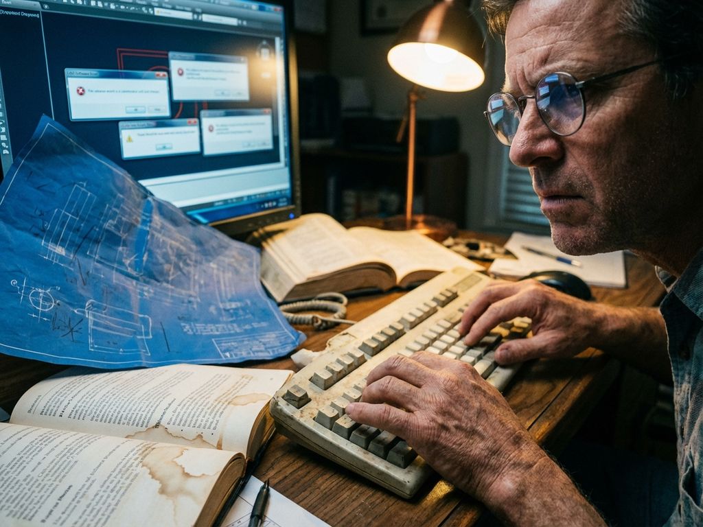 Frustrated engineer at computer with CAD software error messages reflected in glasses, crumpled drawings and manuals nearby