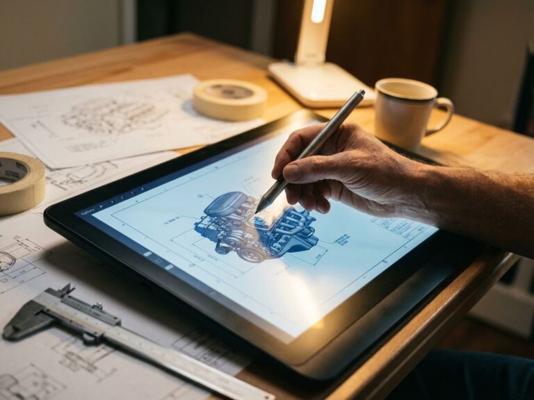 Engineer using stylus on tablet displaying 3D engine blueprint at drafting desk with technical drawings and calipers