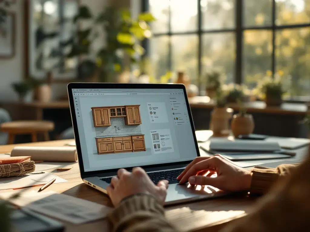 Interior designer using laptop displaying 3D cabinet designs with wood samples and fabric swatches on modern office desk