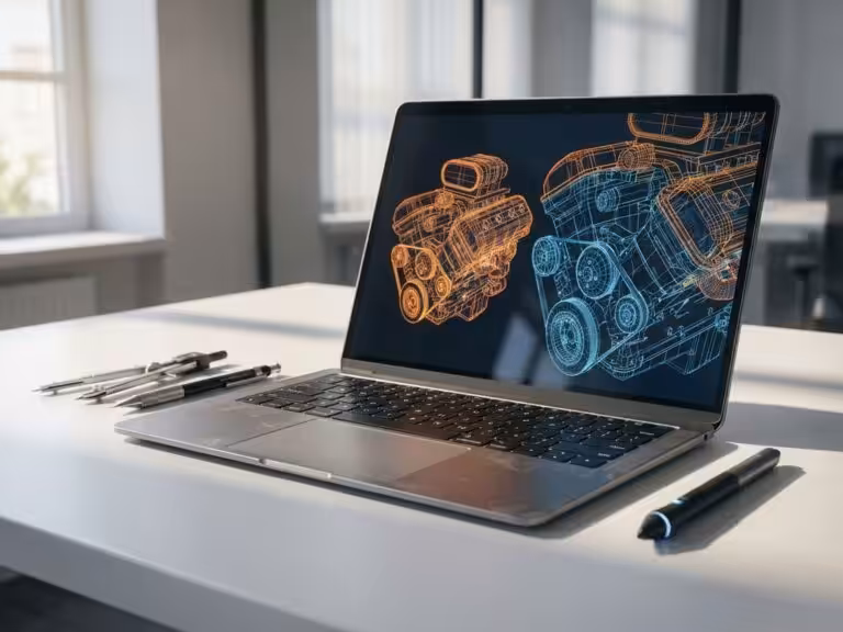 Laptop displaying 3D CAD wireframe models on screen with drafting tools and stylus on white desk in natural light