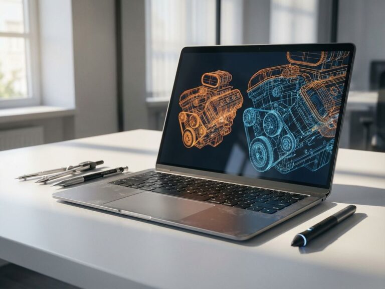 Laptop displaying 3D CAD wireframe models on screen with drafting tools and stylus on white desk in natural light
