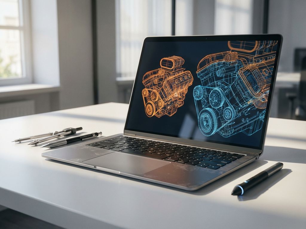 Laptop displaying 3D CAD wireframe models on screen with drafting tools and stylus on white desk in natural light
