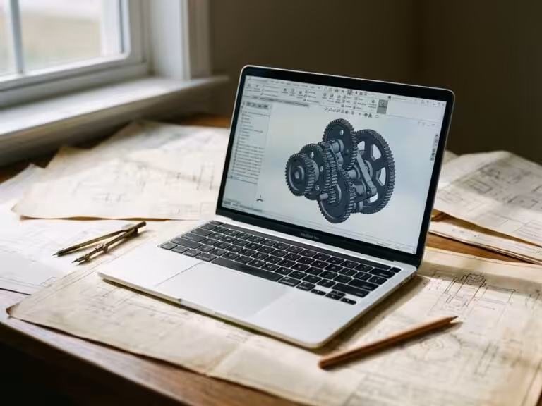 Modern laptop displaying 3D CAD mechanical parts model on vintage technical drawings with compass and pencil nearby.