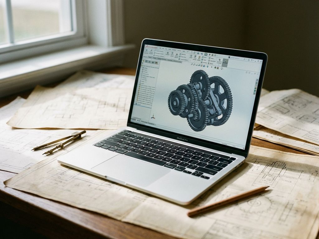 Modern laptop displaying 3D CAD mechanical parts model on vintage technical drawings with compass and pencil nearby.