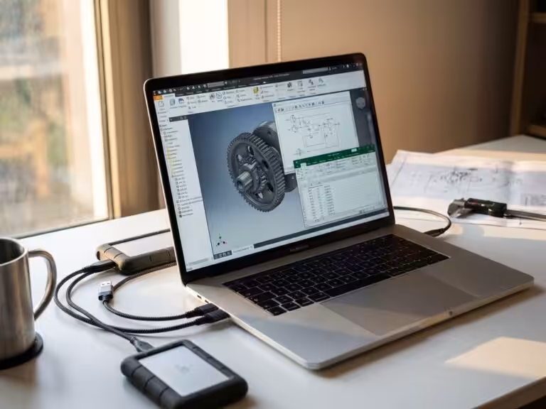 Modern laptop displaying CAD software with 3D mechanical parts on screen in professional engineering workspace setup