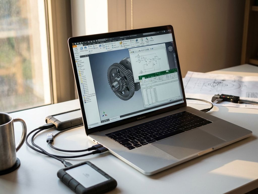 Modern laptop displaying CAD software with 3D mechanical parts on screen in professional engineering workspace setup