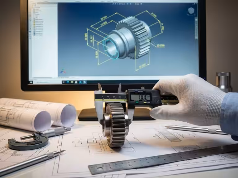 Engineer using precision caliper to measure mechanical part while CAD software displays 3D model with dimensions on monitor