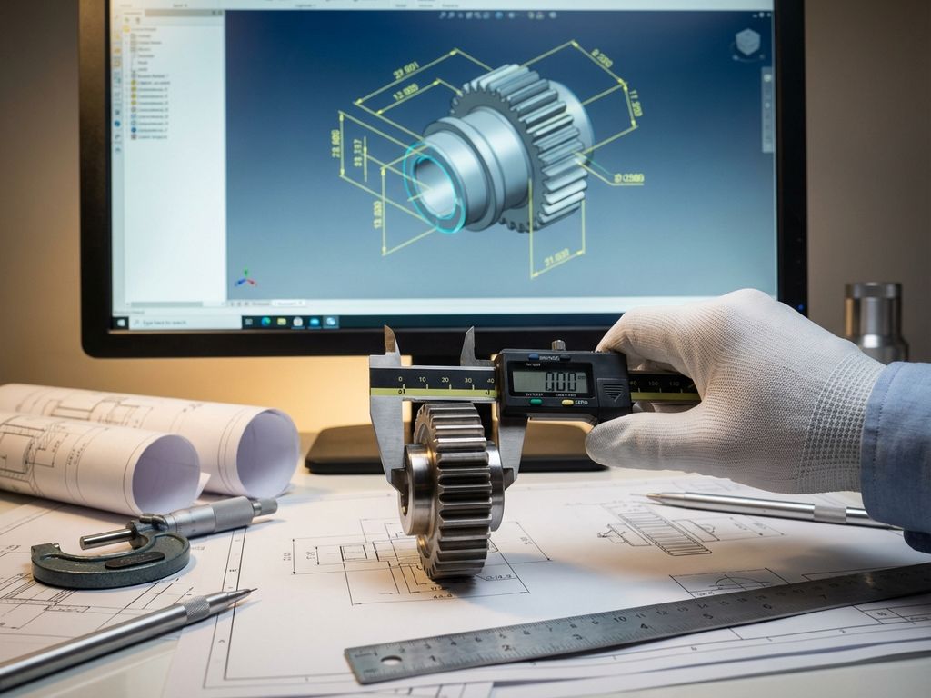 Engineer using precision caliper to measure mechanical part while CAD software displays 3D model with dimensions on monitor