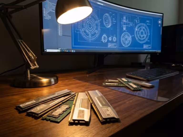 RAM memory sticks on dark wooden desk with computer displaying CAD blueprints, warm lighting highlighting circuit details