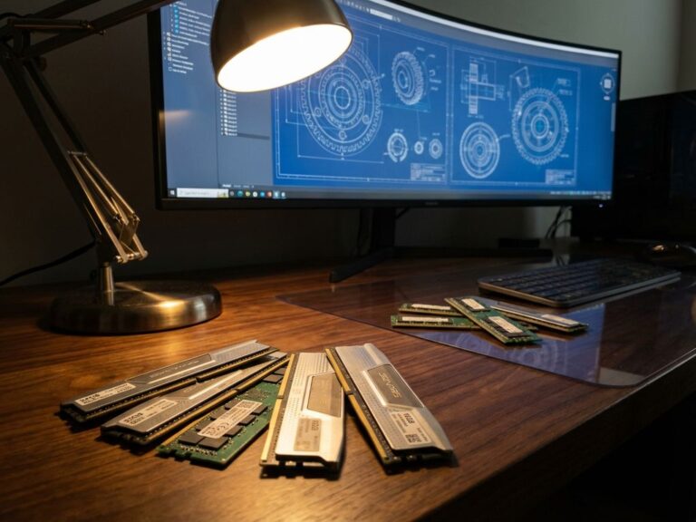 RAM memory sticks on dark wooden desk with computer displaying CAD blueprints, warm lighting highlighting circuit details