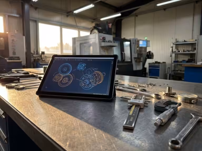 Modern tablet displaying 3D mechanical blueprints on metal workbench with precision manufacturing tools and calipers