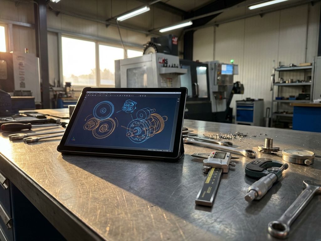 Modern tablet displaying 3D mechanical blueprints on metal workbench with precision manufacturing tools and calipers