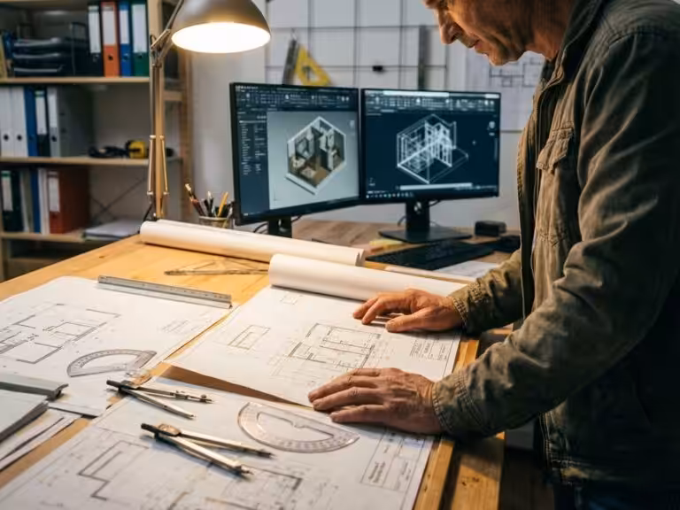 Professional engineer reviewing technical blueprints and CAD models on drafting table with precision tools and dual monitors