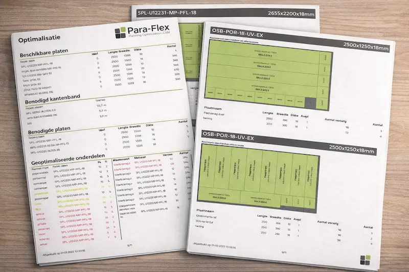 Para-Flex Reports Printed Para-Flex reports with plate optimization, saw lists and production data on wood desk