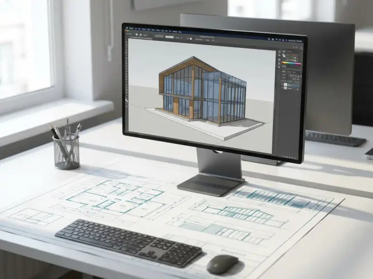 Computermonitor toont 3D architectuurmodel van modern gebouw boven technische blauwdruk op wit bureau