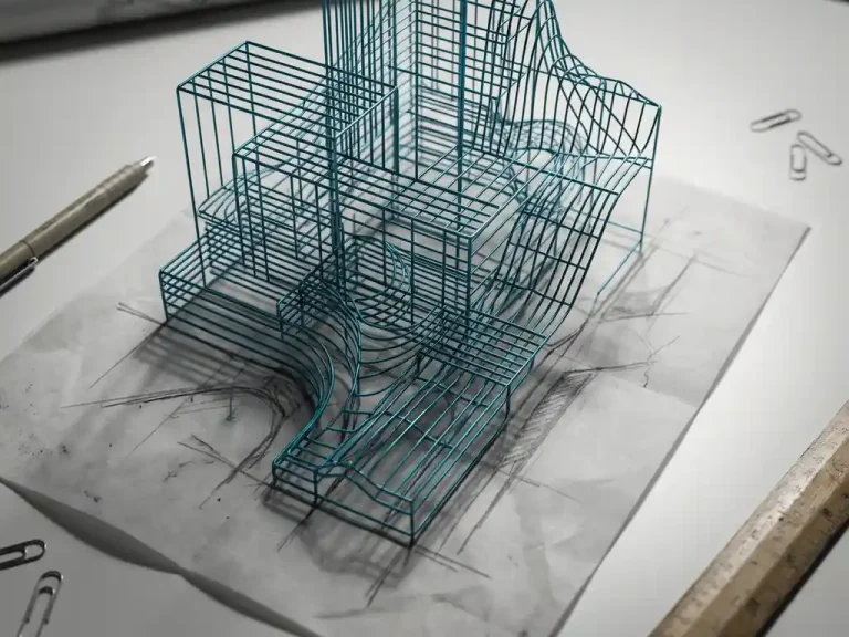 3D draadmodel sculptuur die oprijst uit 2D schets op tekenpapier, teal blauwe wireframes op grijze ontwerperstafel