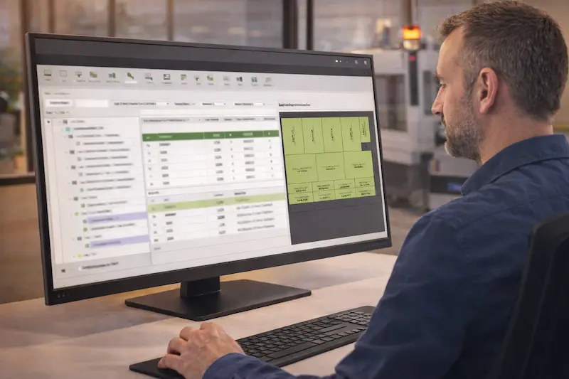 Para-Flex software on computer Engineer works with Para-Flex software for work preparation and CNC control on a monitor in a production environment
