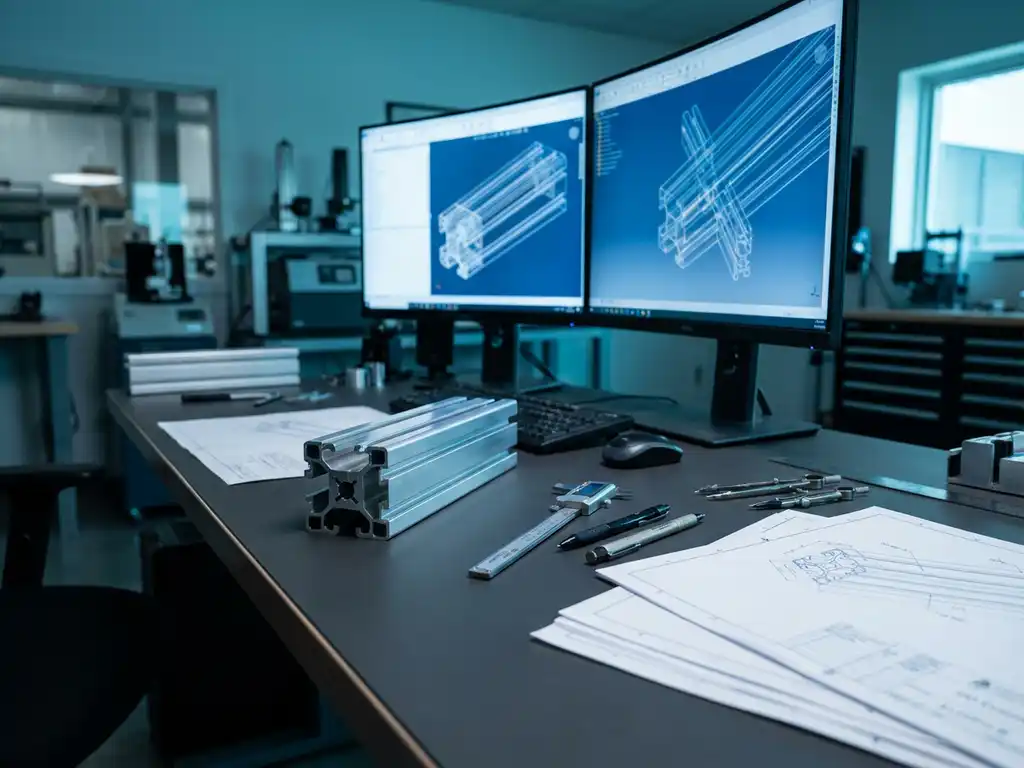 Aluminium extrusieprofielstuk op ontwerptafel met CAD-software en technische tekeningen in professionele werkruimte