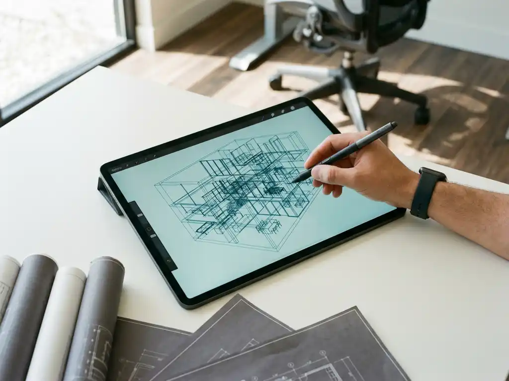 Architect houdt digitale stylus boven tablet met 3D interieurontwerp, blauwdrukken op wit bureau zichtbaar