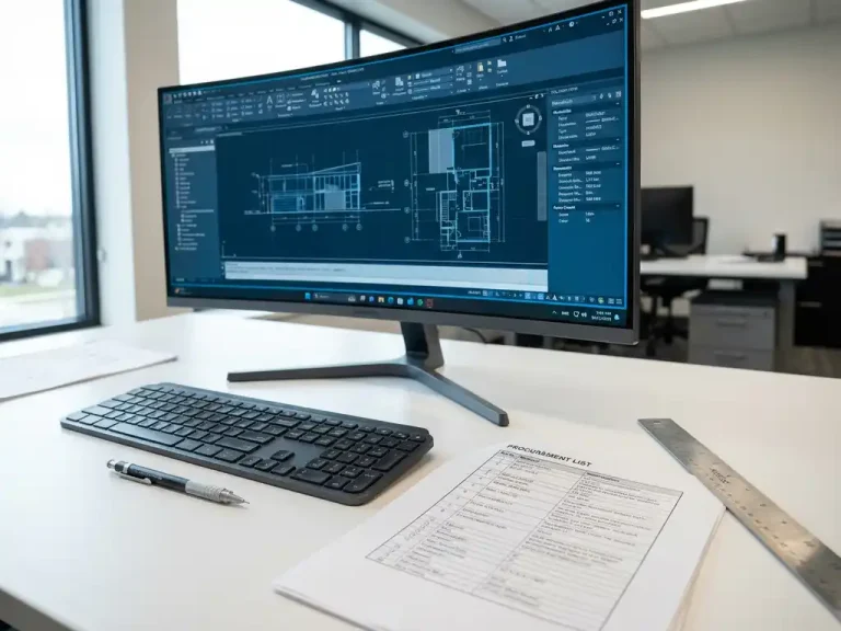 Architect werkplek met CAD blauwdrukken op monitor, materiaallijst en tekengereedschap op wit bureau