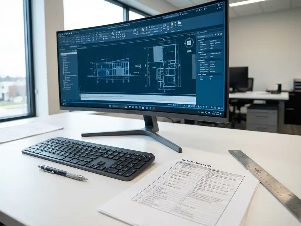 Architect werkplek met CAD blauwdrukken op monitor, materiaallijst en tekengereedschap op wit bureau