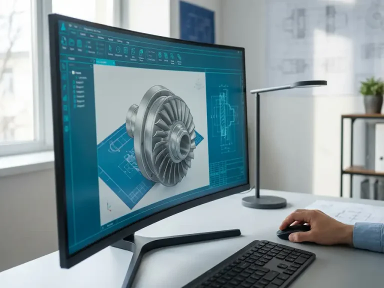Designer bewerkt 3D CAD-model van mechanisch onderdeel op computermonitor in professionele engineeringomgeving