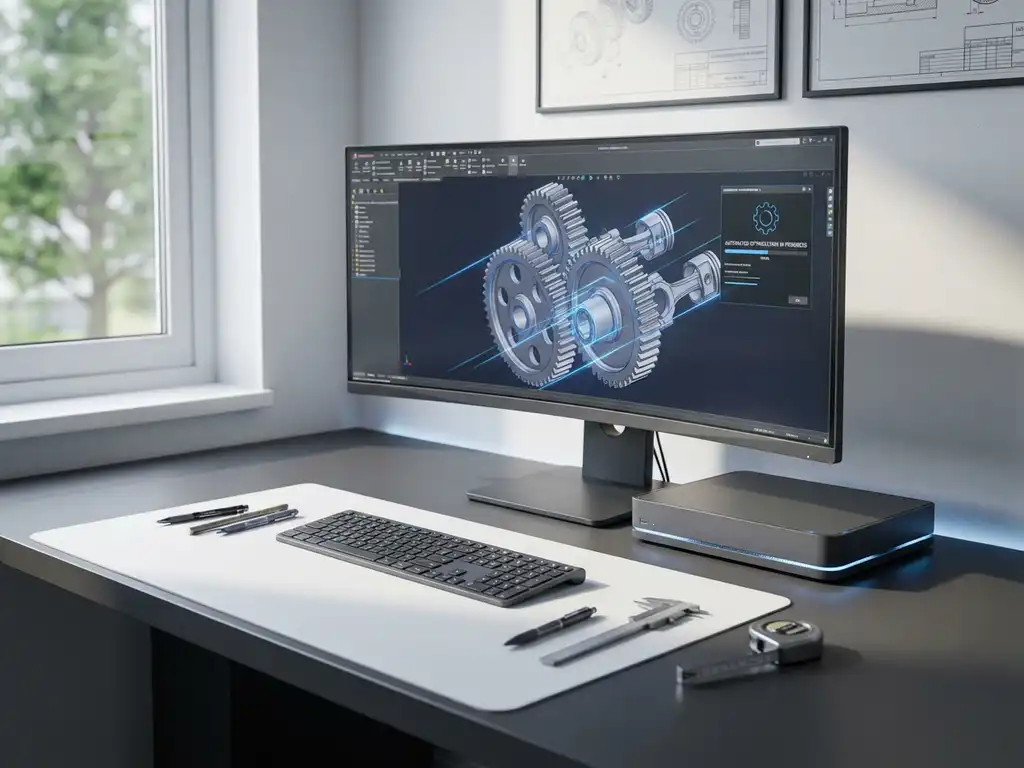 Moderne computerworkstation met 3D CAD-software die mechanische onderdelen toont op groot scherm met technische tekenhulpmiddelen