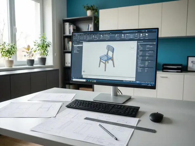 Computermonitor toont CAD-software met 3D houten meubelmodel, omgeven door meetlijsten en liniaal op modern bureau