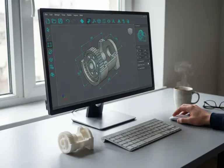 Ontwerper bedient CAD-software op monitor met 3D mechanisch onderdeel, wit geprint prototype naast toetsenbord op bureau