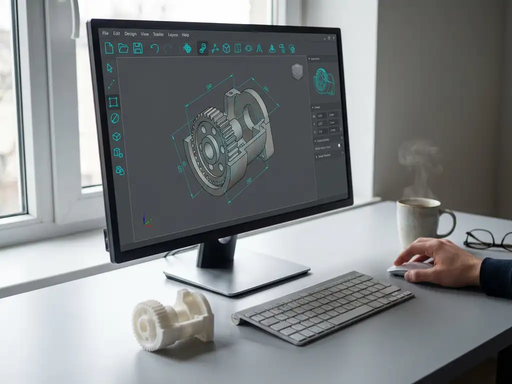 Ontwerper bedient CAD-software op monitor met 3D mechanisch onderdeel, wit geprint prototype naast toetsenbord op bureau