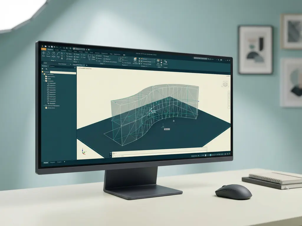 Computermonitor toont 3D CAD-software met gebogen architecturaal element, muis op minimalistische bureau, professionele werkruimte
