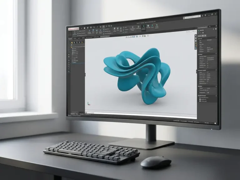 Computer werkstation met 3D organische sculptuur in turquoise op monitor, toetsenbord en muis op donkergrijze bureau