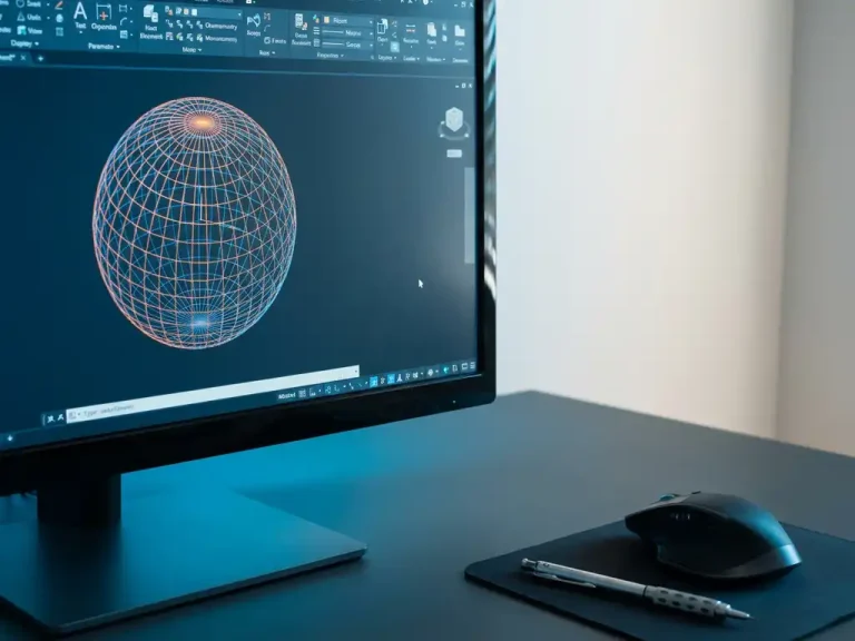 Computermonitor toont CAD-software met 3D-bol en wireframe-lijnen op moderne werkplek met muis en potlood