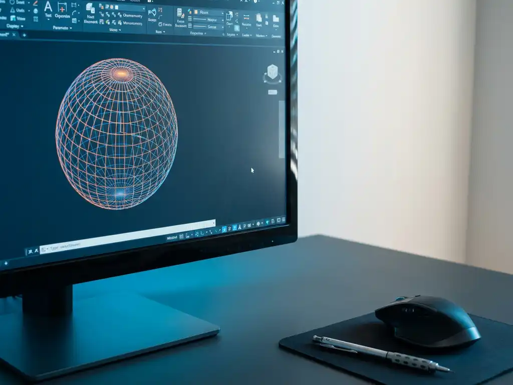 Computermonitor toont CAD-software met 3D-bol en wireframe-lijnen op moderne werkplek met muis en potlood