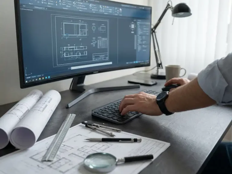 Ingenieur werkt aan CAD-blauwdrukken op computermonitor met technische tekeningen en constructieplannen op bureau