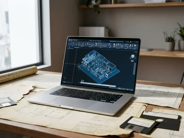 Moderne laptop met CAD-software en 3D architectuurmodellen op vintage technische tekeningen en diskettes