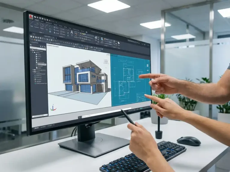 Twee mensen werken samen aan een 3D architectuurmodel op CAD-software op een moderne computermonitor