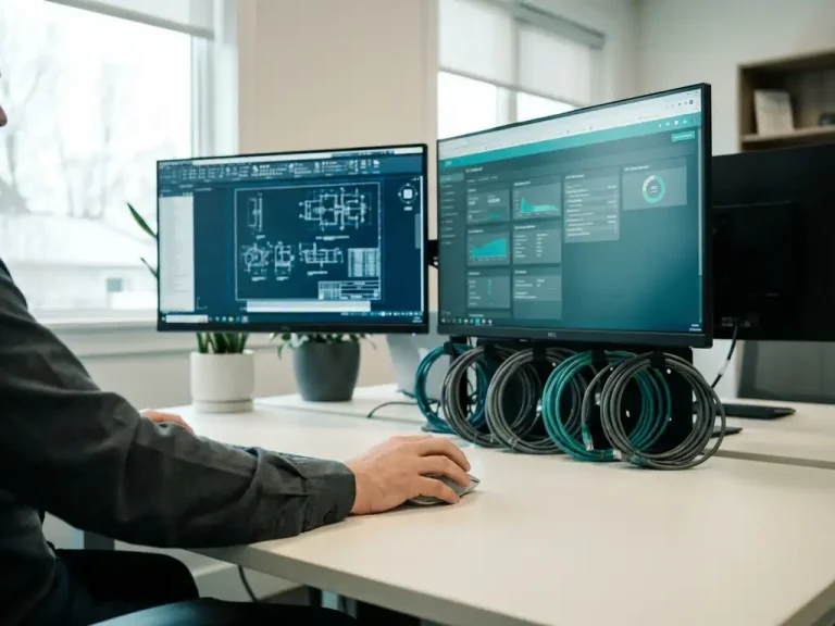 Ingenieur bedient draadloze muis bij moderne werkplek met CAD-blauwdrukken en ERP-dashboard op twee monitoren