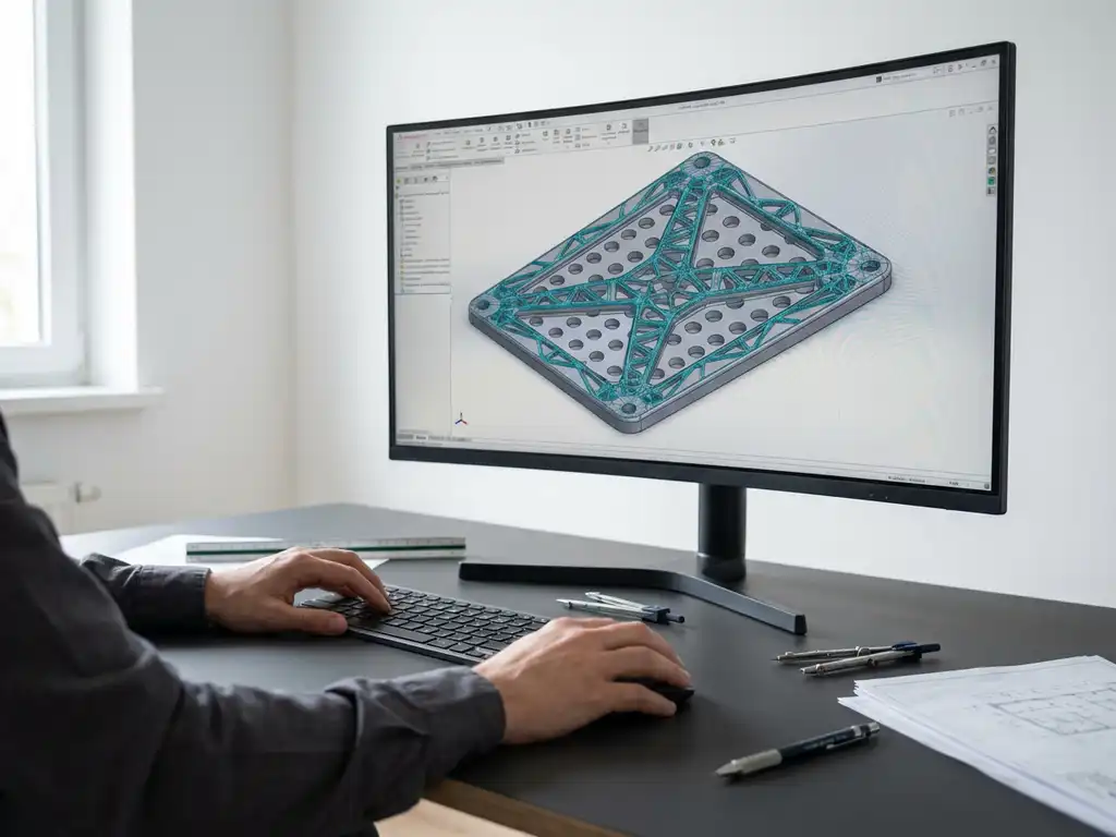 CAD-software op computermonitor toont metalen plaatontwerp met teal draadframes, ingenieurshanden op toetsenbord