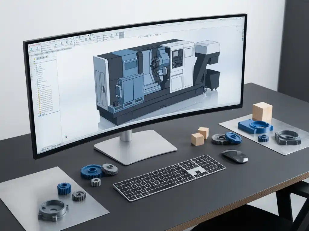 Moderne werkstation met CAD-software op monitor toont 3D industrieel ontwerp, materiaalmonsters op bureau