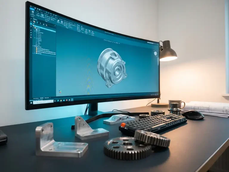 CAD-software op moderne werkstation toont 3D-metaalcomponent, met stalen tandwielen en aluminium beugels op bureau